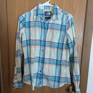 The North Face Button Down Plaid Shirt Blue Teal Orange-Women's S
